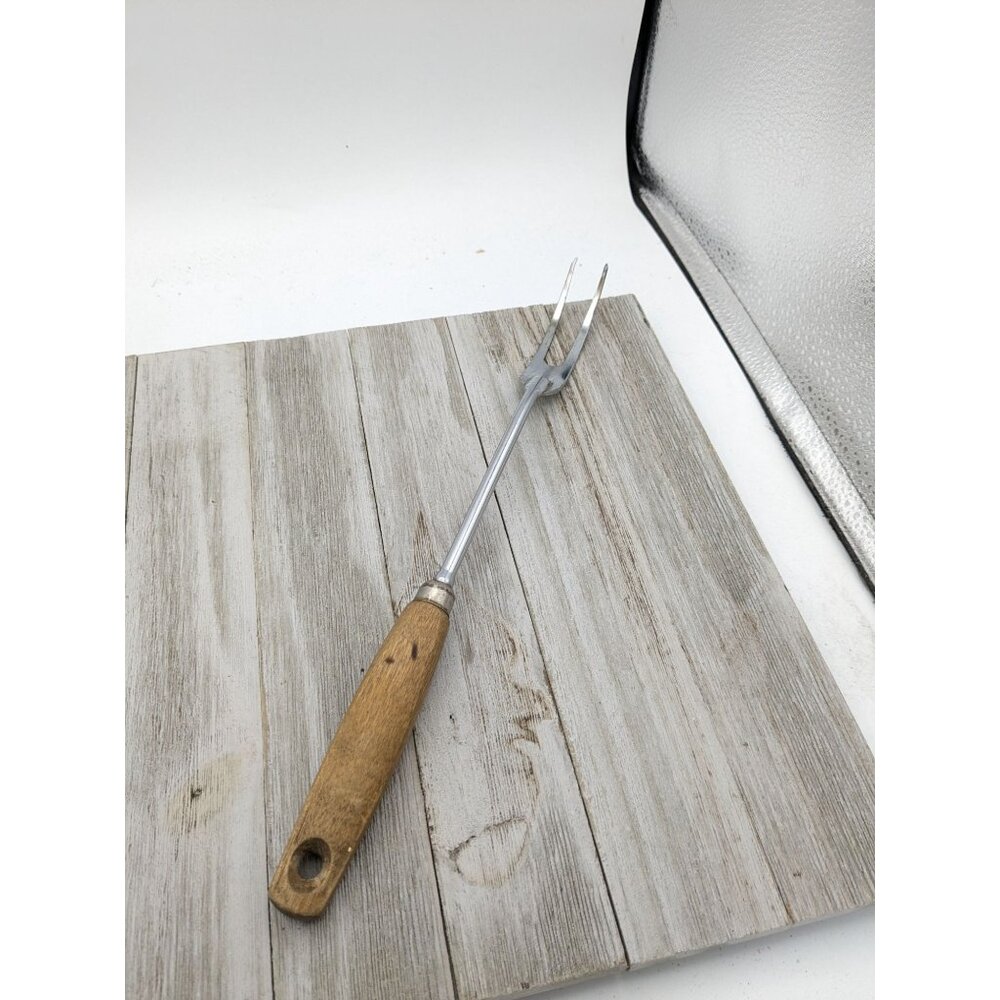 Vintage EKCO Halo #1 Solid Meat Utility Fork Tan Wood Handle 12 1/2"